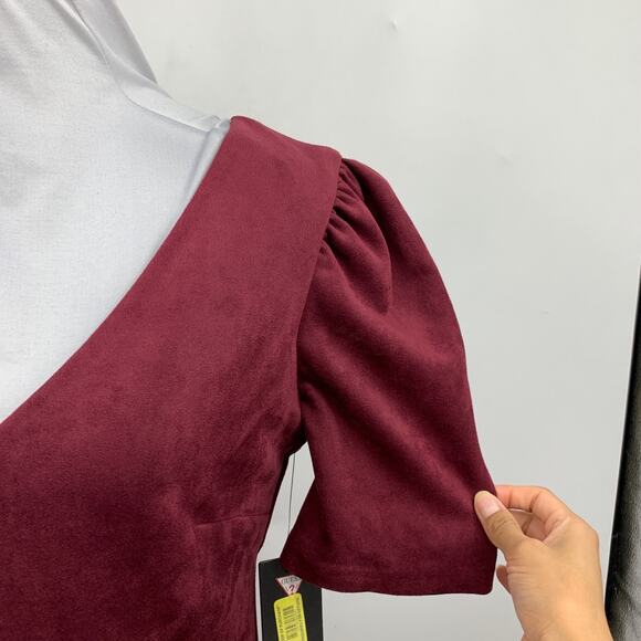 Guess Dress Womens 2 Wine Velvet Wide Puff Pouf Sleeve V Neck Back Zip Sheath - Picture 3 of 16